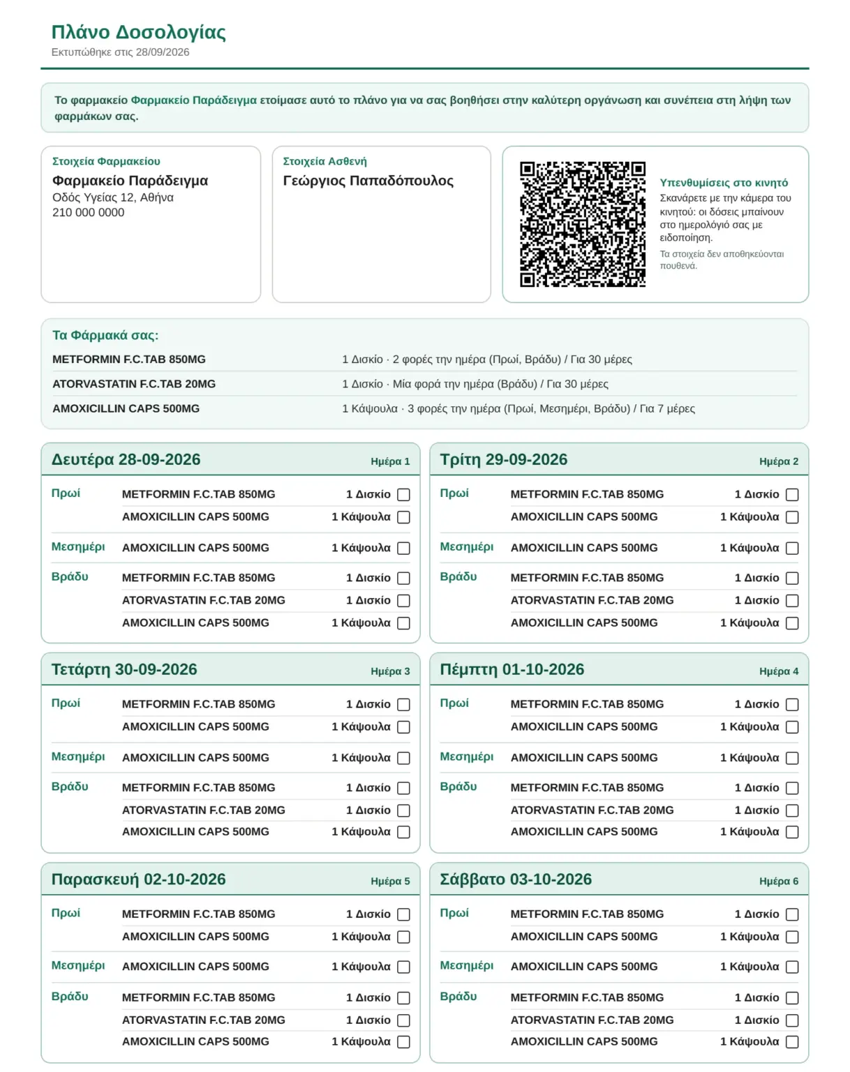 Δείγμα εκτυπωμένου πλάνου PlanDose σε A4 με QR για υπενθυμίσεις στο κινητό, μία κάρτα για κάθε ημέρα και κουτάκι για κάθε δόση